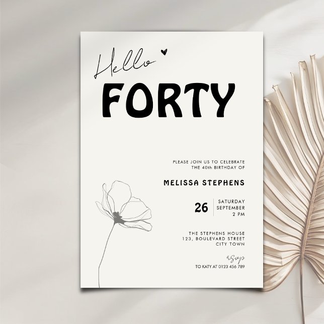 Elegant Hello Forty Bold Typography 40th Birthday Einladung (Von Creator hochgeladen)