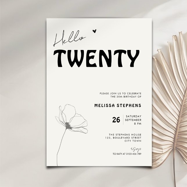 Elegant Hello Twenty Bold Typography 20th Birthday Einladung (Von Creator hochgeladen)