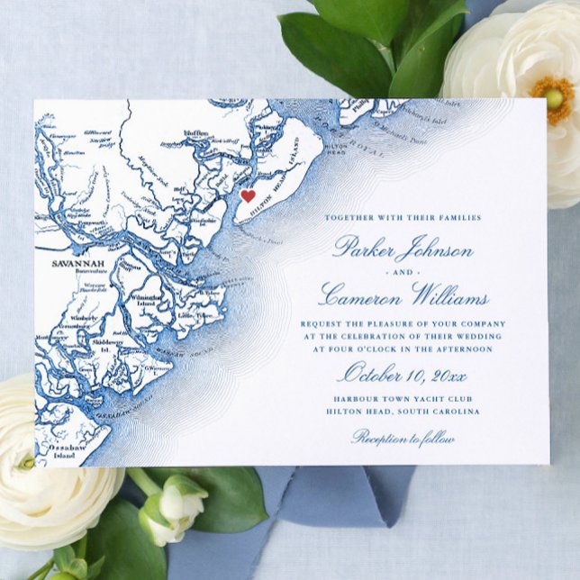 Elegant Hilton Head Island Map Navy Blue Wedding Einladung (Hilton Head Island SC Map wedding invitations for an elegant Harbour Town Yacht Club wedding)