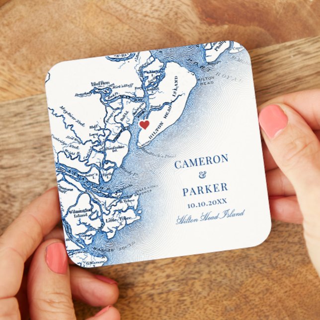 Elegant Hilton Head Island Map Navy Blue Wedding Rechteckiger Pappuntersetzer (Hilton Head SC Map Drink Coaster for an elegant navy blue wedding from Coastal Map Designs)