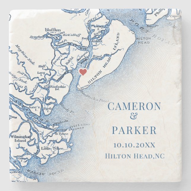 Elegant Hilton Head Island Map Navy Blue Wedding Steinuntersetzer (Vorderseite)