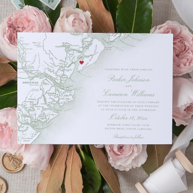 Elegant Hilton Head Island Map Seite Grüne Hochzei Einladung (Hilton Head SC Map Wedding Invitation in Elegant Sage Green by Coastal Map Designs)