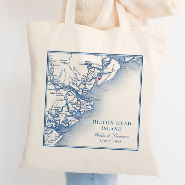 Elegant Hilton Head Map Navy Blue Wedding Tragetasche (Hilton Head Island Wedding Tote Bag Personalized with couples names and elegant navy blue map)