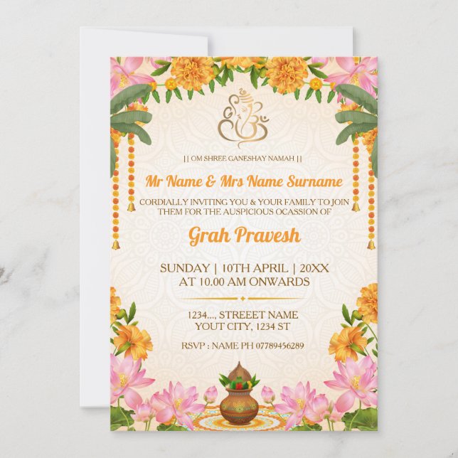 Elegant Hindu Griha Pravesh Ceremony Invitation Einladung (Vorderseite)