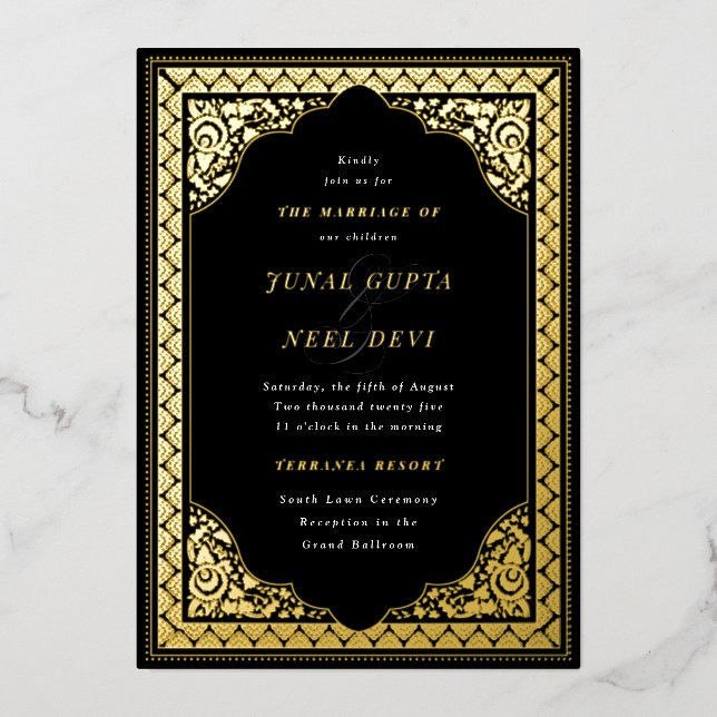 Elegant Hindu Ornament Frame indische Hochzeit Sch Folieneinladung (Vorderseite)
