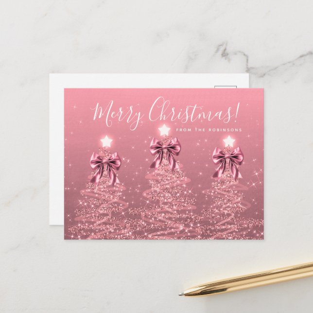 Elegant Holiday Blush Pink Christmas Trees Bows Postkarte (Vorderseite/Rückseite Beispiel)