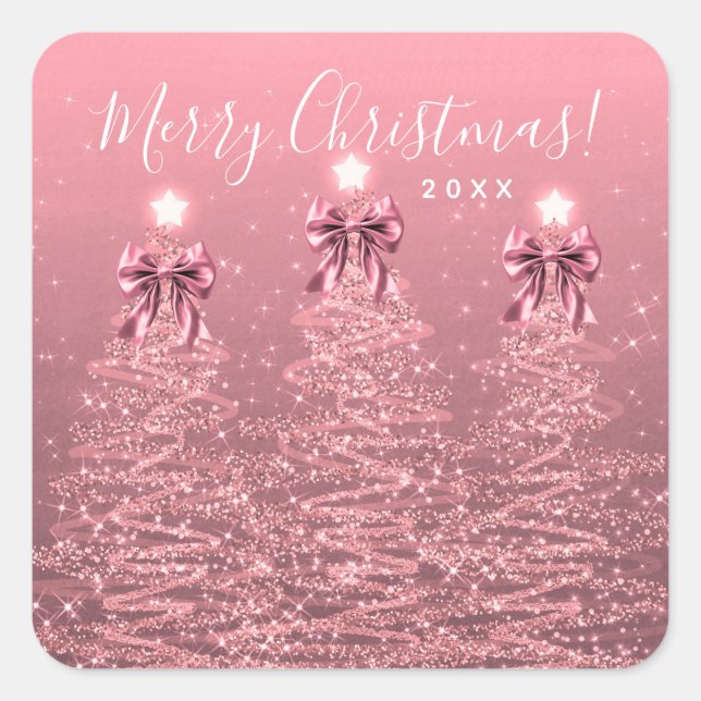 Elegant Holiday Blush Pink Christmas Trees Bows Quadratischer Aufkleber (Vorderseite)