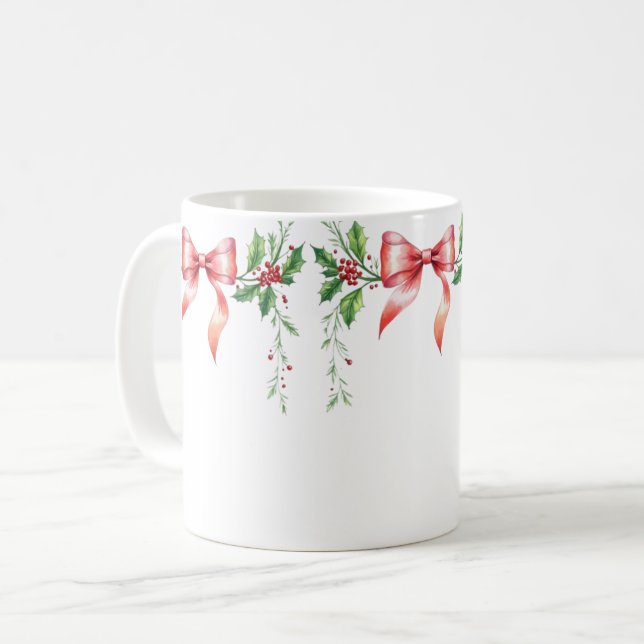 Elegant Holiday Bow with Holly Leaves Design Kaffeetasse (Vorderseite Links)