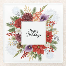 Elegant Holiday Floral Wreath Happy Holidays Glasuntersetzer