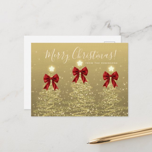 Elegant Holiday Gold Christmas Trees w/ Red Bows Postkarte (Vorderseite/Rückseite Beispiel)