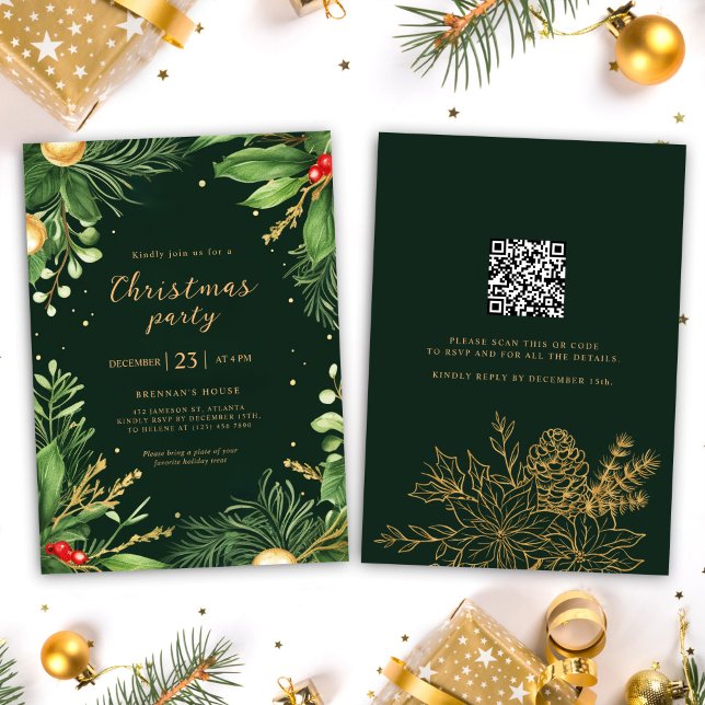 Elegant Holiday Greenery QR Code Weihnachtsgebäck  Einladung (Elegant Holiday Greenery QR Code Christmas Party I Invitation)