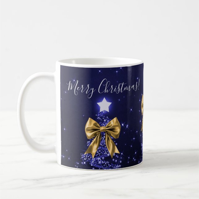 Elegant Holiday Navy Christmas Trees Bows Gold  Kaffeetasse (Links)