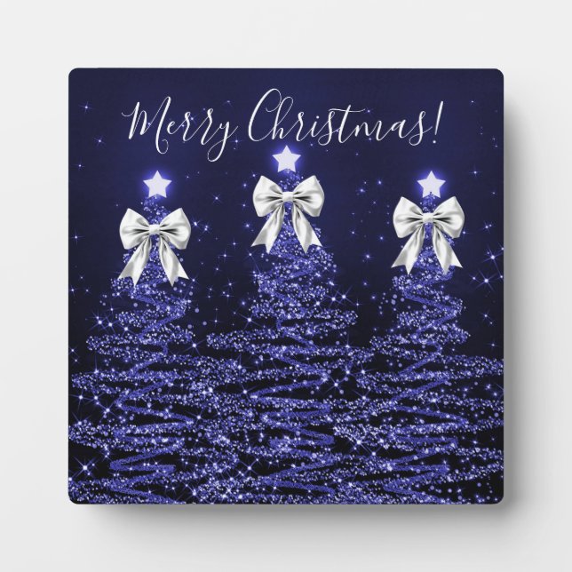 Elegant Holiday Navy Christmas Trees Silver Bows Fotoplatte (Vorderseite)