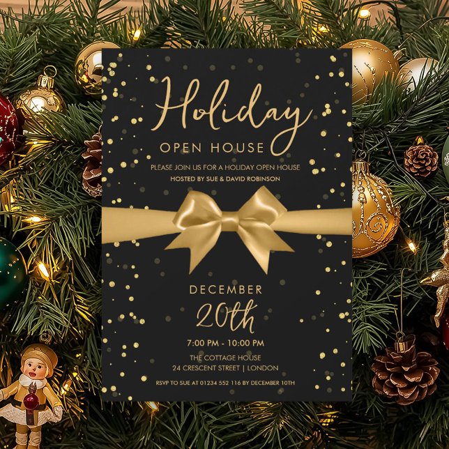 Elegant Holiday Open House Gold Bow Black Einladung (Elegant Holiday Open House Gold Bow Black Invitation)