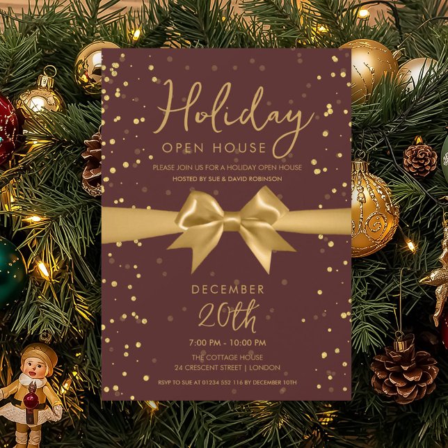Elegant Holiday Open House Gold Bow Burgundy  Einladung (Elegant Holiday Open House Gold Bow Burgundy Invitation)