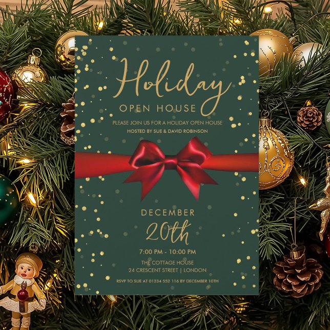Elegant Holiday Open House Red Bow Green  Einladung (Elegant Holiday Open House Red Bow Green Invitation)