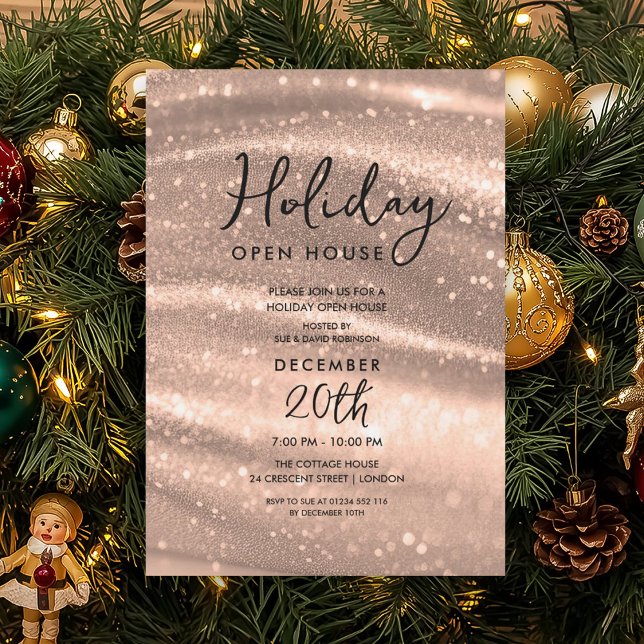 Elegant Holiday Open House Rose Gold Sparkle Glam Einladung (Elegant Holiday Open House Rose Gold Sparkle Glam Invitation)