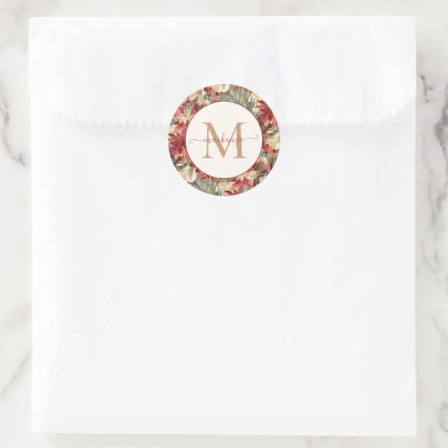 Elegant Holiday Poinsettia Christmas Monogram Runder Aufkleber (Tasche)