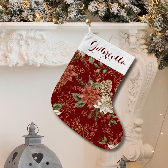 Elegant Holiday Poinsettia Red Großer Weihnachtsstrumpf (Von Creator hochgeladen)