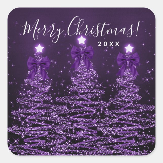 Elegant Holiday Purple Christmas Trees Bows  Quadratischer Aufkleber (Vorderseite)