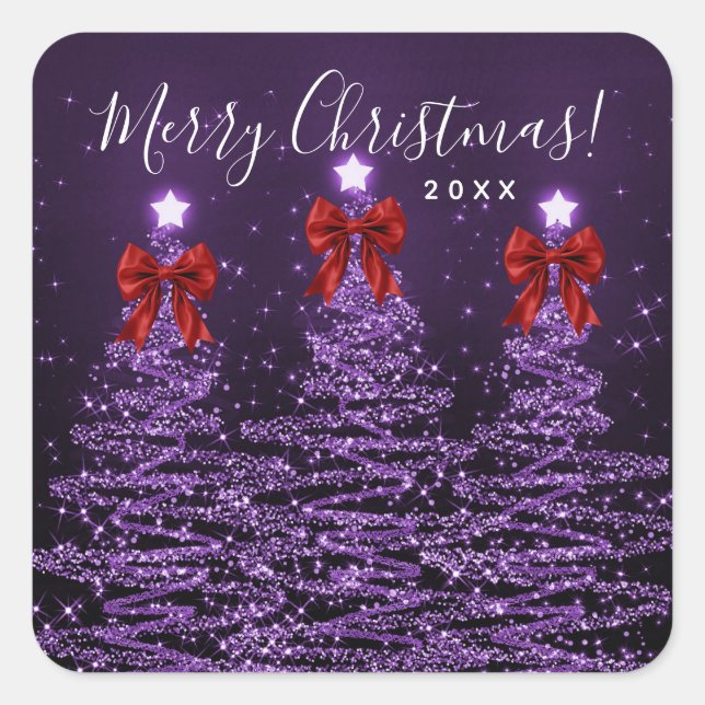 Elegant Holiday Purple Christmas Trees Bows Red  Quadratischer Aufkleber (Vorderseite)