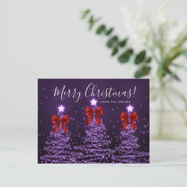 Elegant Holiday Purple Christmas Trees Red Bows Postkarte (Stehend Vorderseite)