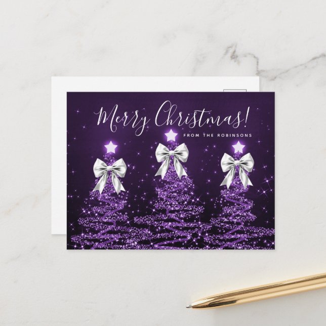 Elegant Holiday Purple Christmas Trees Silver Bows Postkarte (Vorderseite/Rückseite Beispiel)