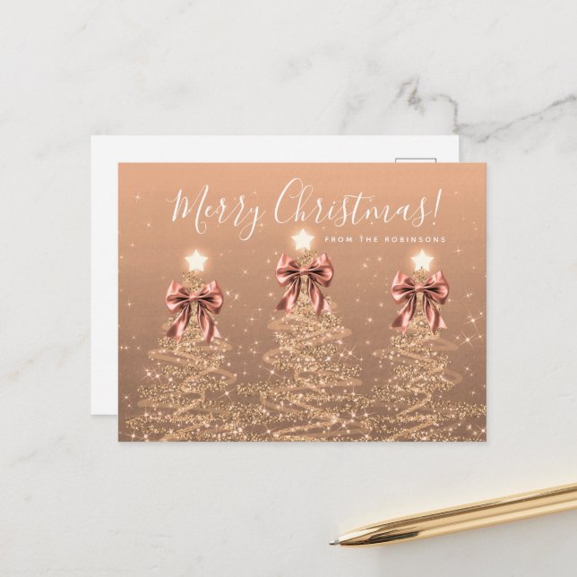 Elegant Holiday Rose Gold Christmas Trees Bows Postkarte (Vorderseite/Rückseite Beispiel)