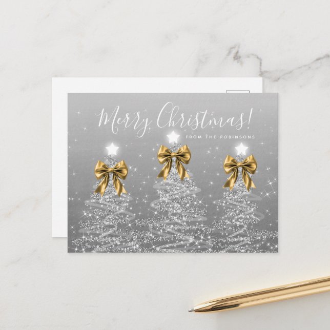 Elegant Holiday Silver Christmas Trees Gold Bows Postkarte (Vorderseite/Rückseite Beispiel)