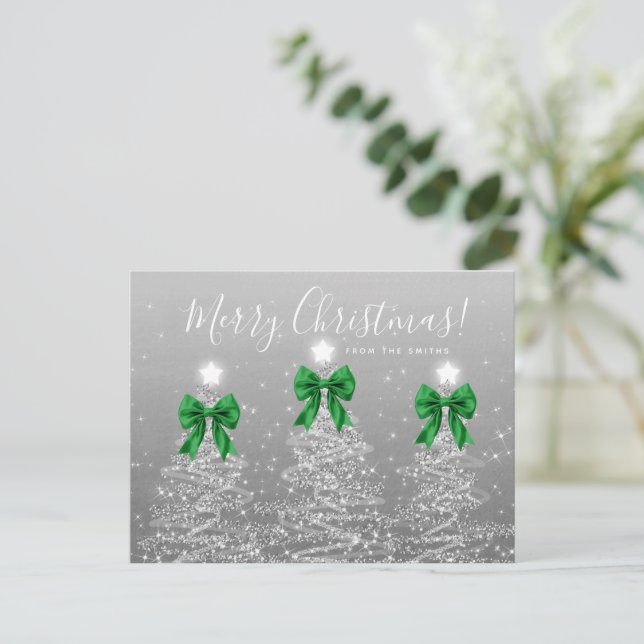 Elegant Holiday Silver Christmas Trees Green Bows Postkarte (Stehend Vorderseite)