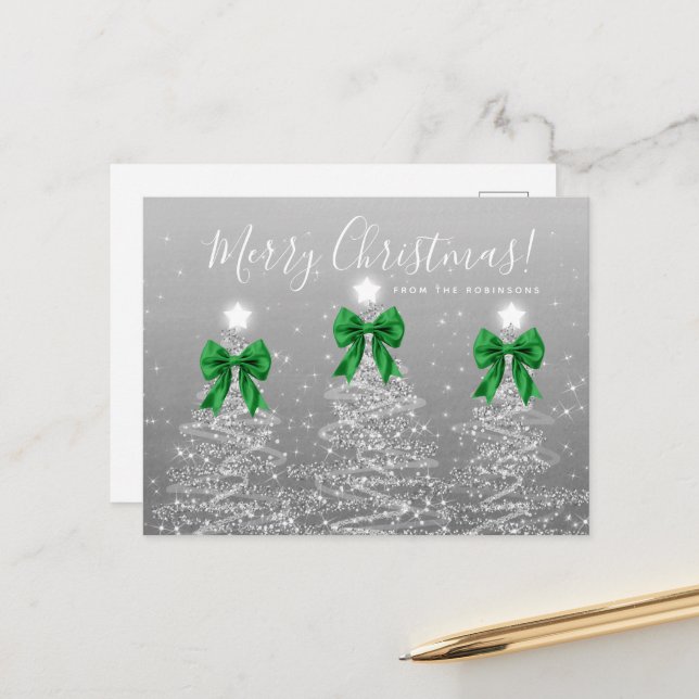Elegant Holiday Silver Christmas Trees Green Bows Postkarte (Vorderseite/Rückseite Beispiel)