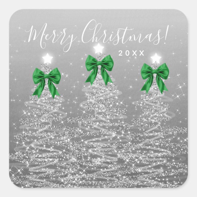 Elegant Holiday Silver Christmas Trees Green Bows Quadratischer Aufkleber (Vorderseite)