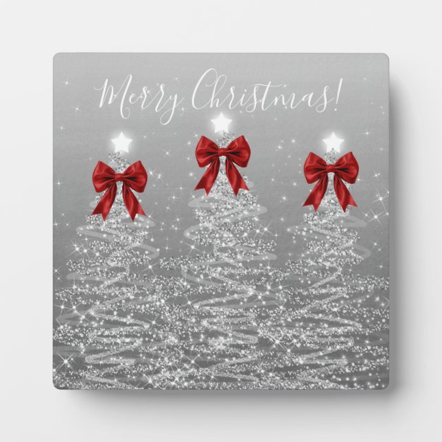 Elegant Holiday Silver Christmas Trees Red Bows Fotoplatte (Vorderseite)