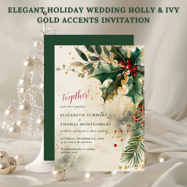 Elegant Holiday Wedding Holly & Ivy Gold Accents Einladung (Elegant Holiday Wedding Holly & Ivy Gold Accents Invitation)