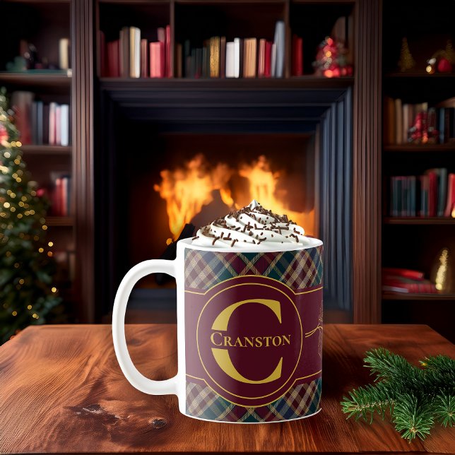 Elegant Holly and Berries Holiday Monogram Name Kaffeetasse (Rustic Elegance Rich Dark Plaid Holly and Berries with Monogram and Name - Personal or Corporate Mug)