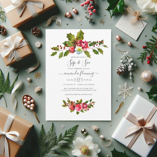 Elegant Holly and Ivy Christmas Sip and See Charm Einladung (Christmas Sip and See Invitation)
