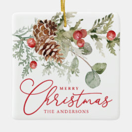Elegant Holly Berries and Pine Cones Christmas Keramikornament