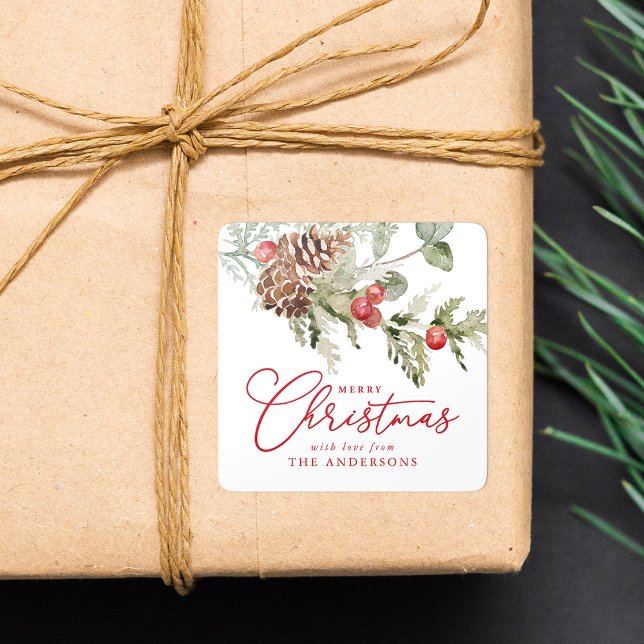 Elegant Holly Berries and Pine Cones Weihnachten Quadratischer Aufkleber (Von Creator hochgeladen)