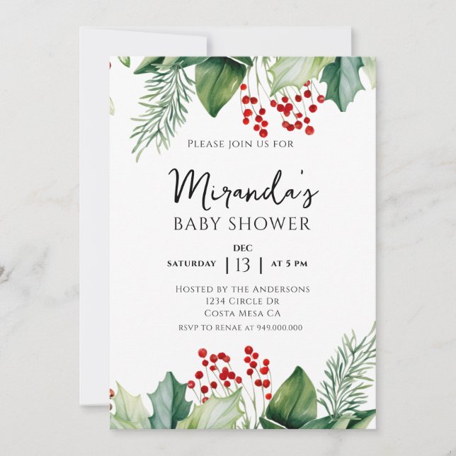 Elegant Holly Berries Christmas Baby Shower Einladung (Vorderseite)