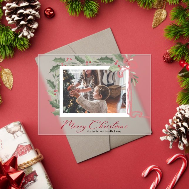 Elegant Holly Berries Family Photo Christmas Card Acryleinladungen (Insitu (Feiertag))