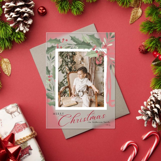 Elegant Holly Berries Family Photo Christmas Card Acryleinladungen (Insitu (Feiertag))