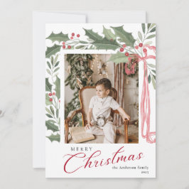 Elegant Holly Berries | Family Photo Christmas Feiertagskarte