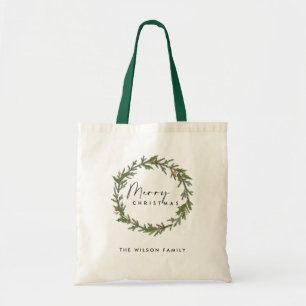ELEGANT HOLLY BERRY GREEN WREATH MERRY CHRISTMAS TRAGETASCHE