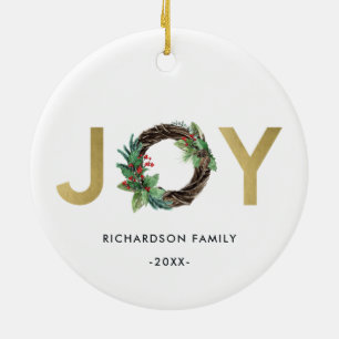 ELEGANT HOLLY BERRY RED GOLD JOY WREATH CHRISTMAS KERAMIK ORNAMENT