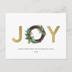 ELEGANT HOLLY BERRY RED GOLD JOY WREATH CHRISTMAS POSTKARTE