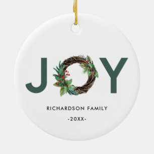 ELEGANT HOLLY BERRY RED GREEN JOY WREATH CHRISTMAS KERAMIK ORNAMENT