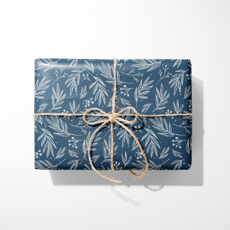 Elegant Holly & Berry Stems Blue Geschenkpapier
