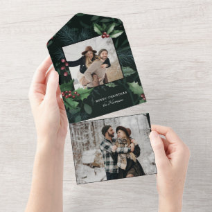 Elegant Holly Christmas Dark Green Botanical Foto All In One Einladung