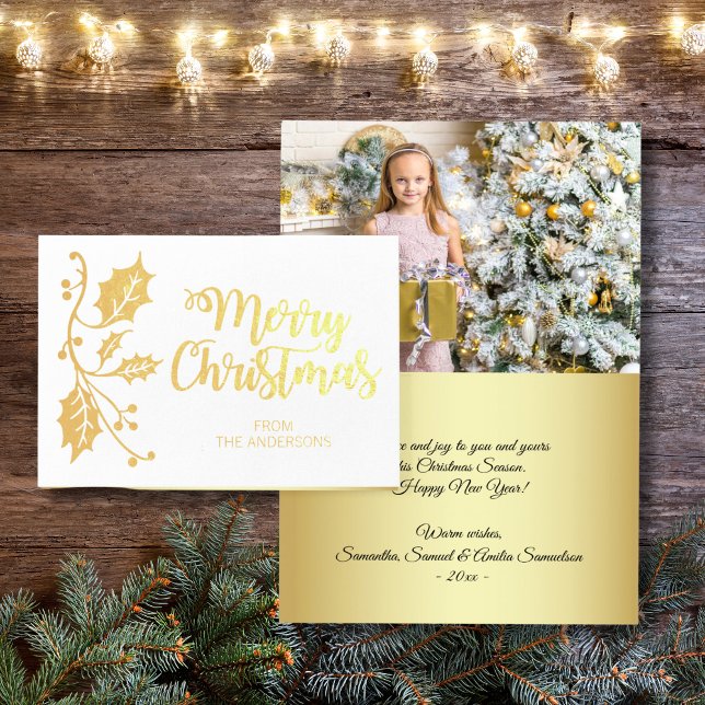 Elegant Holly Frohe Weihnachts Gruß FOTO Gold Folienkarte (Elegant Holly Merry Christmas Greeting PHOTO Gold Foil Card)