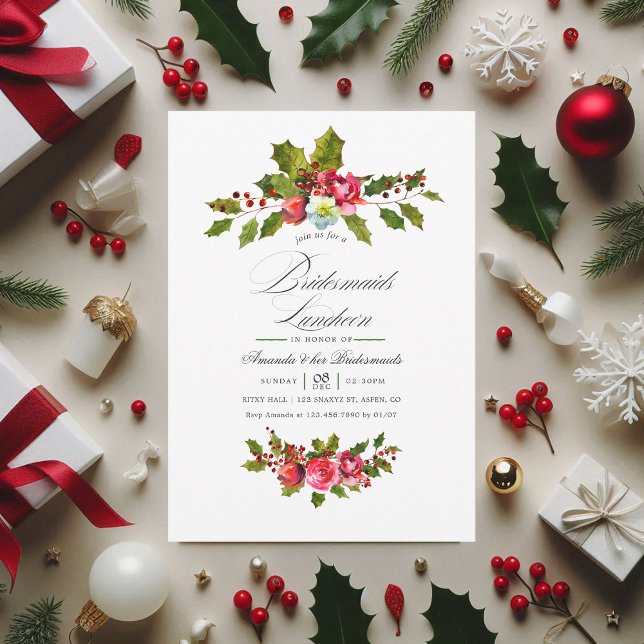 Elegant Holly & Ivy Christmas Bridesmaids Luncheon Einladung (Christmas Bridesmaids Luncheon Holly Invitation)